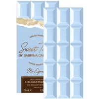 Blue chocolate bar-shaped perfume bottle, "Sabrina Carpenter Sweet Tooth Me Espresso Eau De Parfum 30ml" packaging.