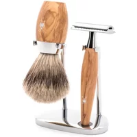 Mühle Kosmo Olivier Pur safety razor kit with olive wood handle, chrome stand, and matching shaving brush.