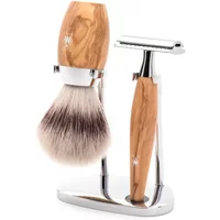 Safety razor kit with olive wood handles, includes razor, brush, and chrome stand.