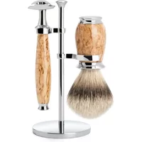 Safety razor kit with birch wood handle, chrome accents, shaving brush, and stand.