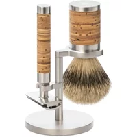 Mühle Rocca Bouleau Pur safety razor kit with birch wood handle, metal stand, and matching shaving brush.