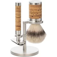 Safety Razor Kit with birch wood handle, silver metal accents, and matching brush on a sleek stand.