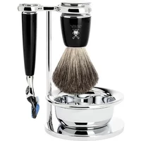 Mühle Rytmo Fusion Pur safety razor kit with black handle, chrome stand, shaving brush, and bowl.