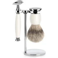 Mühle Sophist Fusion Pur safety razor kit with white handle, chrome accents, and matching shaving brush on stand.