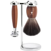 Mühle Vivo Prunier safety razor kit with brown wood handle, chrome stand, and matching shaving brush.