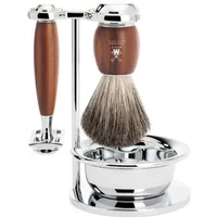 Safety razor kit with brown wood handles, chrome stand, brush, and shaving bowl by Mühle.