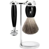 Mühle Vivo Pur safety razor kit with black handle, chrome accents, and matching shaving brush on a chrome stand.