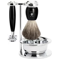 Mühle Vivo Pur safety razor kit with black handle, chrome stand, shaving brush, and bowl.