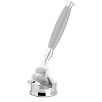 Chrome Mühle safety razor stand with sleek handle and round base, compatible with Fusion/mach3® razors.