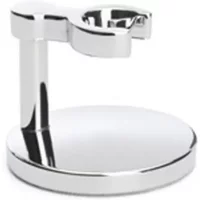 Chrome Mühle safety razor stand with circular base and vertical support for razor placement.