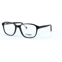 Black rectangular eyeglasses with clear lenses and "rhein" logo on the lens.