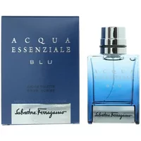 Blue glass bottle of Salvatore Ferragamo Acqua Essenziale Blu Eau De Toilette, silver cap, with matching box.
