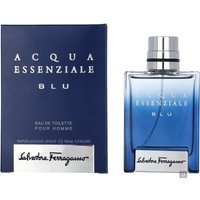 Blue Salvatore Ferragamo Acqua Essenziale Blu Eau de Toilette 50ml bottle with silver cap and matching box.