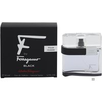 "Clear glass bottle with black cap and band, next to black box with white and red text, Salvatore Ferragamo fragrance."
