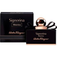 Black Salvatore Ferragamo Signorina perfume bottle with rose gold cap and bow, next to matching box.