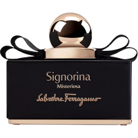 Black rectangular bottle of Salvatore Ferragamo Signorina Misteriosa Eau de Parfum with gold cap and bow accents.