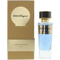 Salvatore Ferragamo Tuscan Creations Cupola Eau De Parfum 100ml, blue liquid in clear bottle with black cap, gold accents.