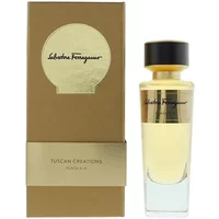 Gold and clear bottle of Salvatore Ferragamo Tuscan Creations Punta Ala Eau De Parfum 100ml with matching gold box.