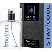 SAMOURAI Stay Cool Eau De Toilette 50ml, clear bottle with blue text, black and blue box with snowflake design.