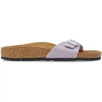 Purple glitter Birkenstock Madrid sandal with cork sole and silver buckle.