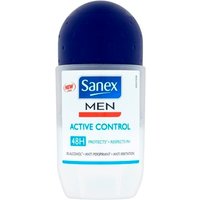 Sanex Men Active Control Deo Roll-On, 50ml, white bottle with blue cap, red and blue text, 48H protection label.