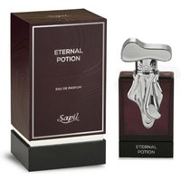 Sapil Eternal Potion EDP 100ml with dark rectangular bottle and silver abstract cap, next to matching box.