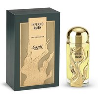 Gold-capped Sapil Inferno Rush EDP 100ml bottle with embossed flame design, next to matching gold and black box.