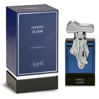 Blue glass bottle of Sapil Mystic Elixir EDP 100ml with silver abstract cap and matching blue box.