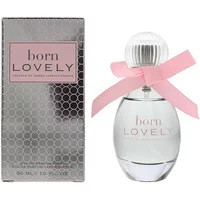 Clear glass bottle of Born Lovely Eau De Parfum with pink bow and silver cap, next to silver box with pink label.