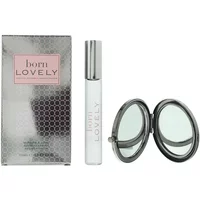 "Silver Born Lovely perfume rollerball and compact mirror set with hexagonal patterned box"