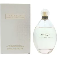 Clear glass bottle of Sarah Jessica Parker Lovely Eau De Parfum 200ml with a round cap, next to a beige box.
