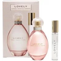 Sarah Jessica Parker Lovely Gift Set with pink 100ml EDP bottle, gold cap, and 15ml travel spray.