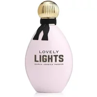 Pink teardrop-shaped perfume bottle with gold ribbed cap and black bow, labeled "Lovely Lights" by Sarah Jessica Parker.