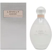 Lovely Sheer Eau De Parfum by Sarah Jessica Parker, 100ml, in a frosted oval bottle with a round cap, next to a silver box.