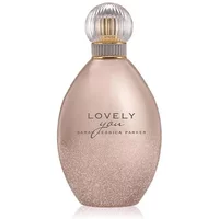 Pink teardrop-shaped perfume bottle with gold cap, labeled "Lovely You" by Sarah Jessica Parker, 50ml.