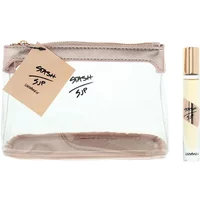 Clear pouch with pink zipper, labeled "SJP," containing a gold-capped perfume rollerball marked "Stash Unspoken."