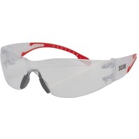 Clear Scan Flexi Spectacle with red and gray flexible arms, wraparound design, and adjustable nose pads.