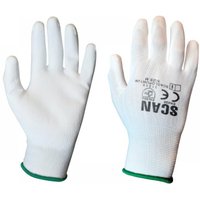White PU coated gloves, medium size 8, with green cuffs and Scan logo on back, pack of 12.