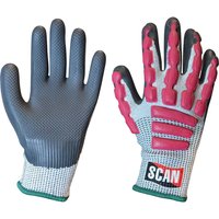 Gray and red Scan Anti Impact Latex Cut 5 Gloves with textured palms and protective knuckle padding.