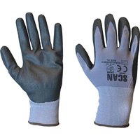 Gray Scan Breathable Microfoam Nitrile Gloves with black palms and white cuffs, featuring logo and safety markings.