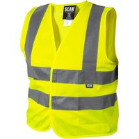 Yellow Scan children's hi-vis waistcoat with grey reflective stripes and black label on front.