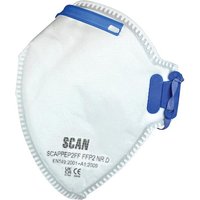 White Scan fold flat disposable mask with blue adjustable straps and FFP2 protection markings.