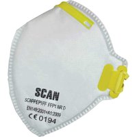 White Scan FFP1 fold flat disposable mask with yellow adjustable straps and printed certification details.