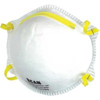 White Scan FFP1 moulded disposable mask with yellow straps and printed logo.