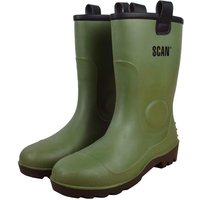 Green Scan fleece-lined wellington boots, size UK 11, with black soles and pull tabs.