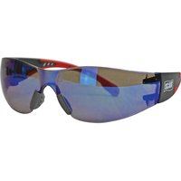 Blue-tinted Scan Flexi Safety Glasses with black and red adjustable arms and wraparound design.