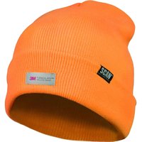 Bright orange Scan Hi Vis beanie hat with ribbed knit texture and small black logo patch.