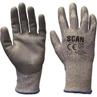 Gray Scan polyurethane-coated gloves with cut protection, textured grip, and blue cuffs.