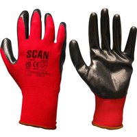 Red Scan nitrile gloves with black palm coating and elastic cuffs, featuring safety certification markings.