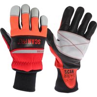Red and black Scan Pro leather chainsaw safety gloves with reinforced palms and elastic cuffs.